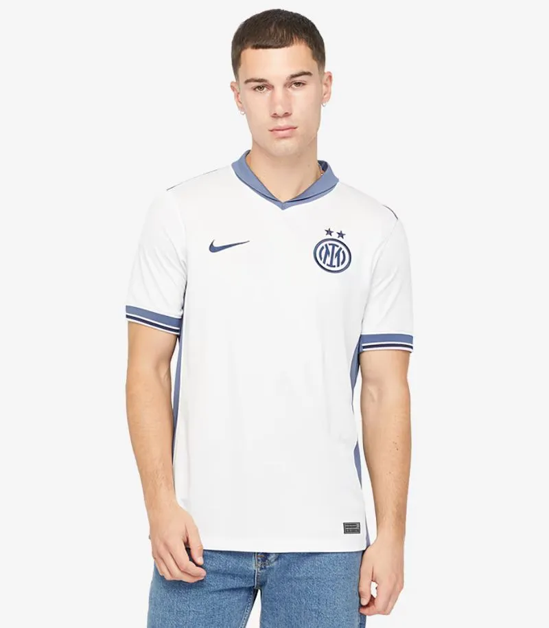 inter milan away shirt in white with blue collar and sleeve cuffs