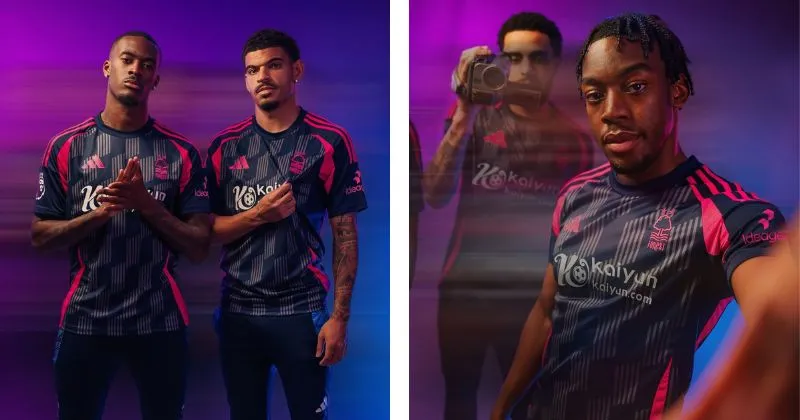 Nottingham Forest away kit in navy with pink detailing and a striped pattern