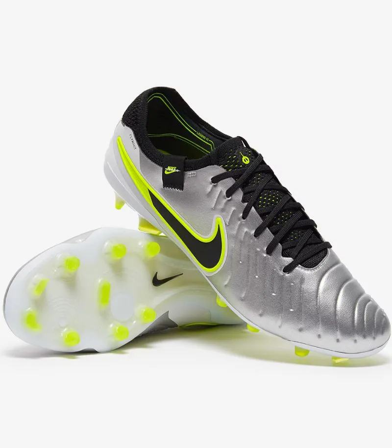 Nike Tiempo Legend 10 Elite football boots in silver with neon yellow green details and black details 