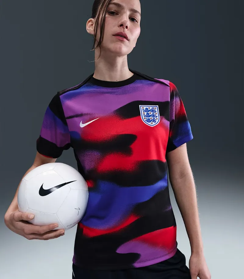womens england pre match shirt in black with purple, red and blue pattern