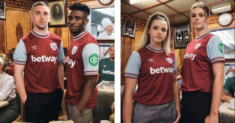West Ham United home kit, with maroon base and light blue sleeves