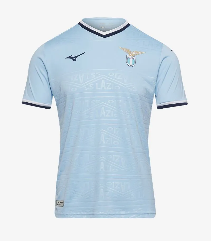 lazio home shirt in light blue with ss lazio pattern and white and navy details 