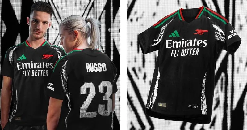 Arsenal away shirt in black, with red, green, and whhite details and cannon badge 