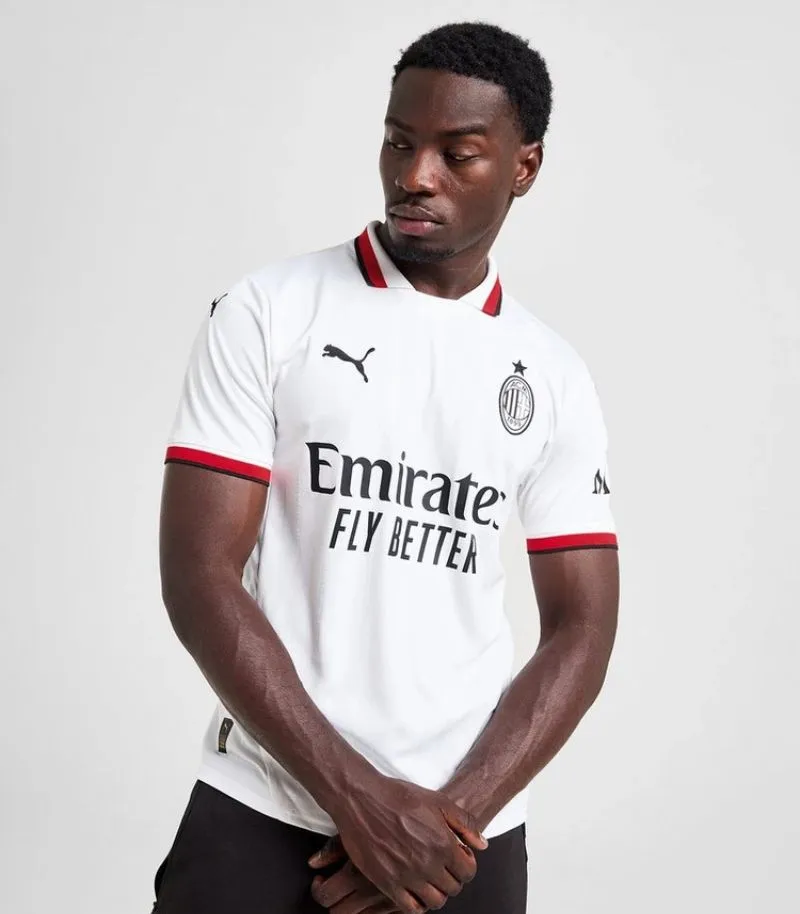 ac milan away shirt in white with black and red collar and cuffs