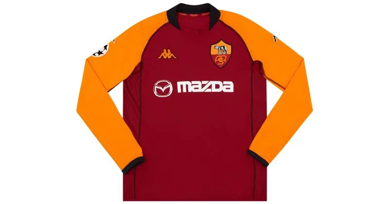 roma 2002-03 european home shirt in maroon with orange long sleeves