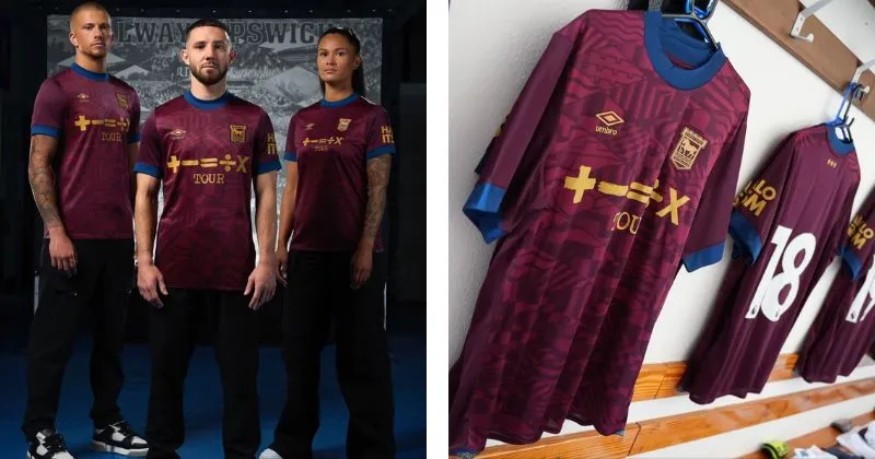 Ipswich away shirt, maroon colour with navy detailing and pattern on front