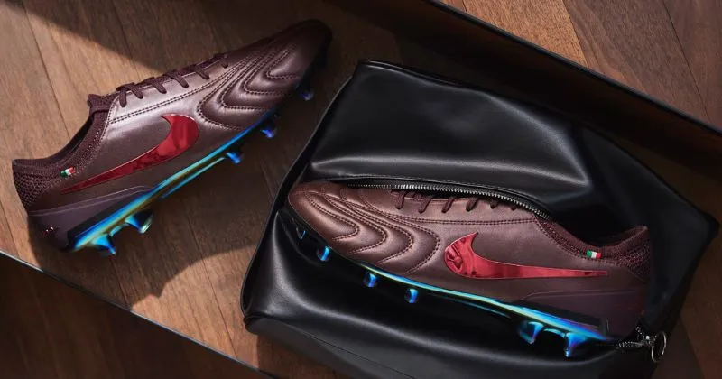 nike tiempo legend x luxe football boots in dark red, with black leather boot bag