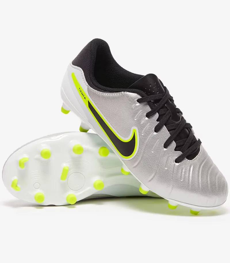 kids nike tiempo legend 10 football boots in silver with black and lime details