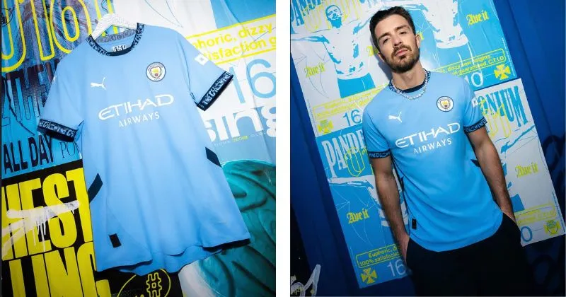Man city home shirt, light blue with navy details on collar and sleeves 