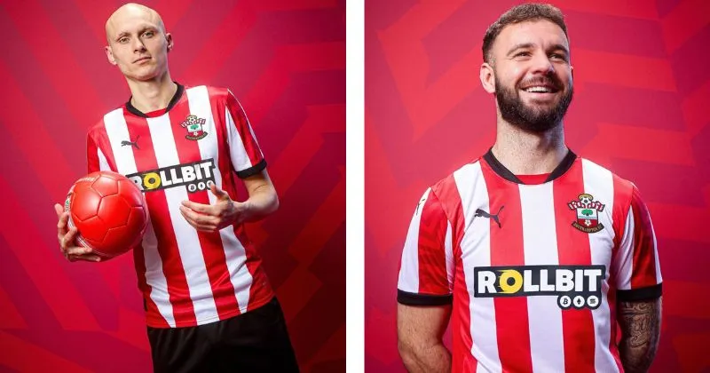 Southampton home kit, featuring red and white stripes with black detailing