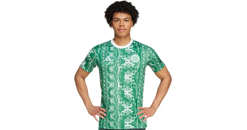 Celtic pre-match shirt in green with white swirled patterns 