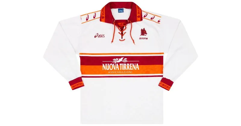 roma 1994-95 away shirt in white with orange and maroon collar cuffs and horizontal band through middle