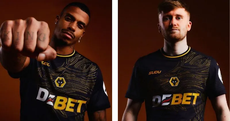 Black Wolves away shirt with gold wolf design and gold detailing