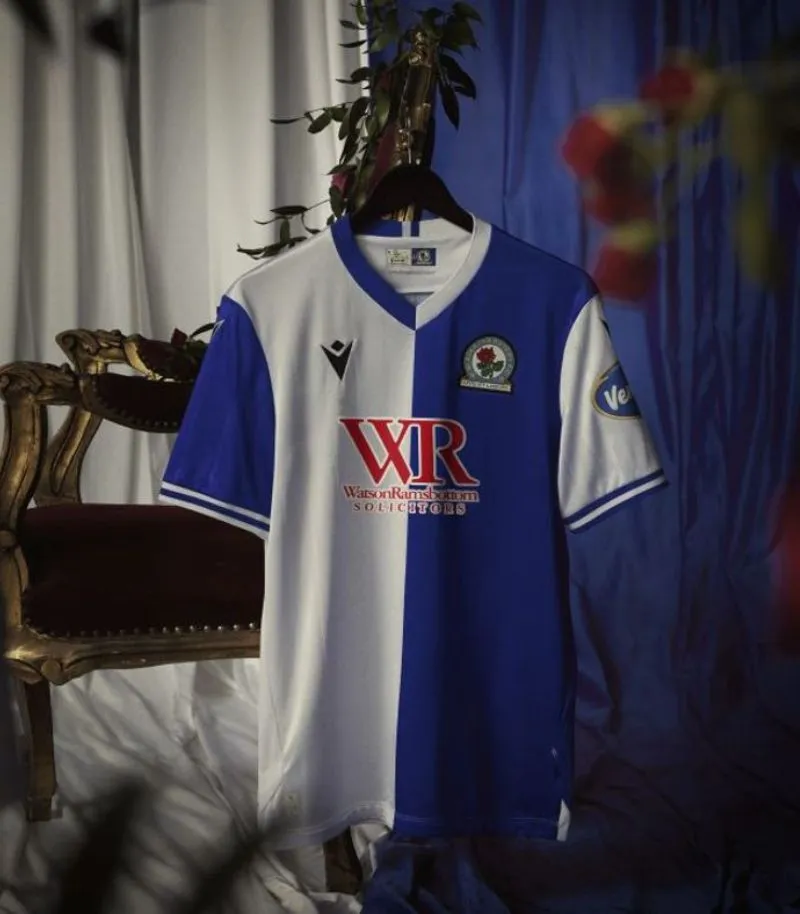 new blackburn rovers home kit in half white half blue