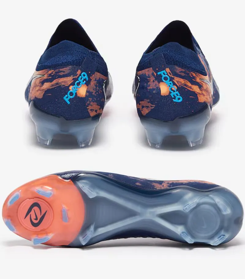 nike phantom gx 2 boots haaland edition in navy blue and orange, showing the sole plate and legend 9 detailing on the back of the boot