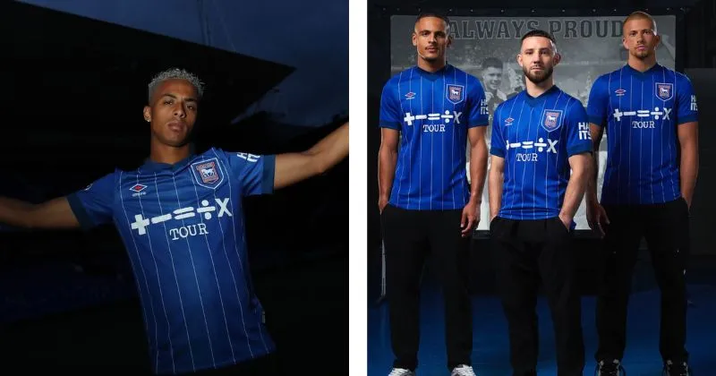 Blue Ipswich home shirt, with white pinstripe pattern