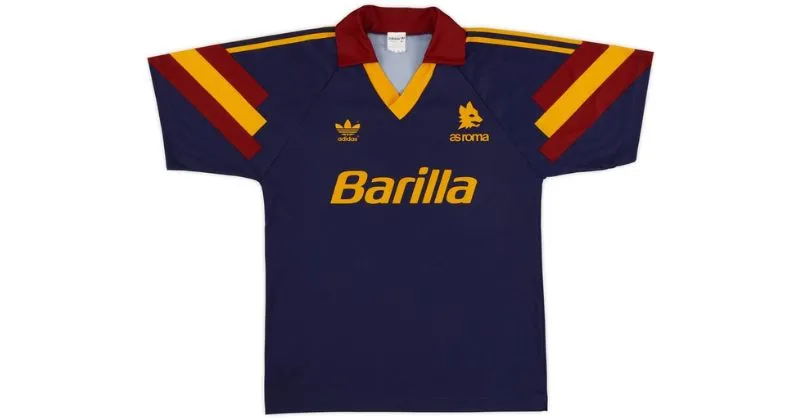 roma 1991-92 third shirt in navy blue with orange and maroon stripes on sleeves