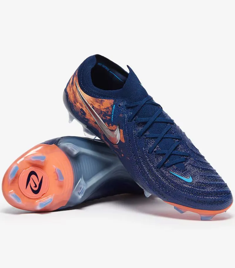 nike phantom gx 2 boots in Haaland design, which is navy blue and orange graphics