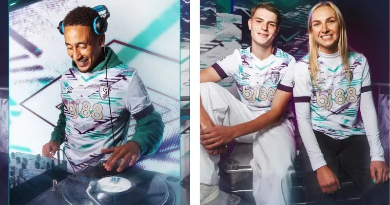 Bournemouth away kit, white shirt with purple and mint green graphics pattern
