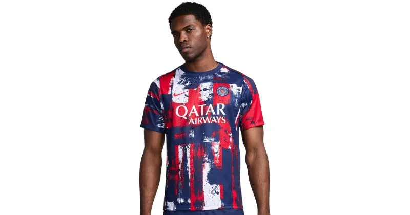 Paris st germain pre match football shirt in blue, white and red pattern