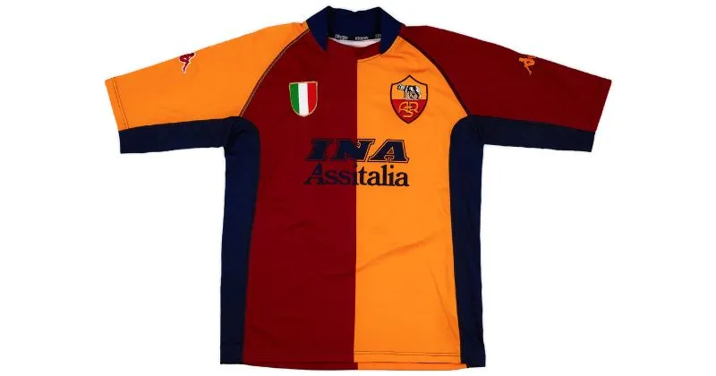 roma 2001-02 cup home shirt in orange and maroon half and half design