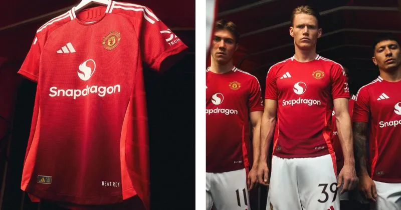 Manchester United home shirt, red base with white detailing and red side panels