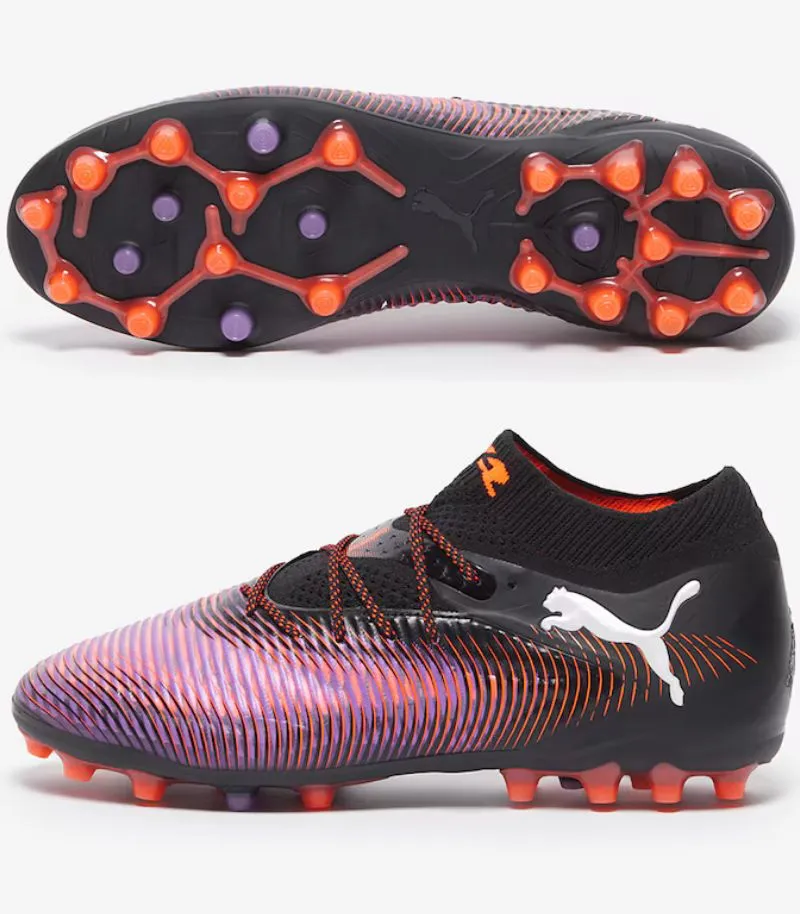 puma future ultimate football boots in orange and purple, with mixed ground sole 