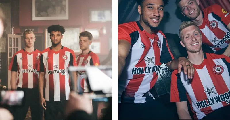 Brentford home kit, featuring white and red/black gradient stripes
