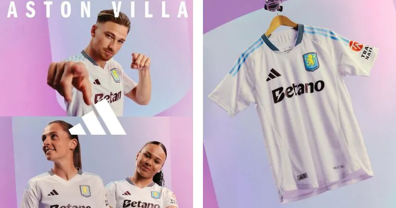 Aston Villa away shirt in white, with lavender and light blue details 
