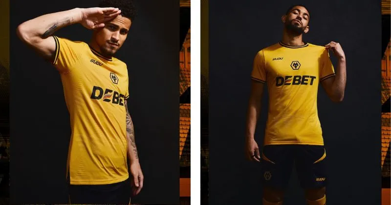 Wolves home kit in yellow, with centred badge and black detailing
