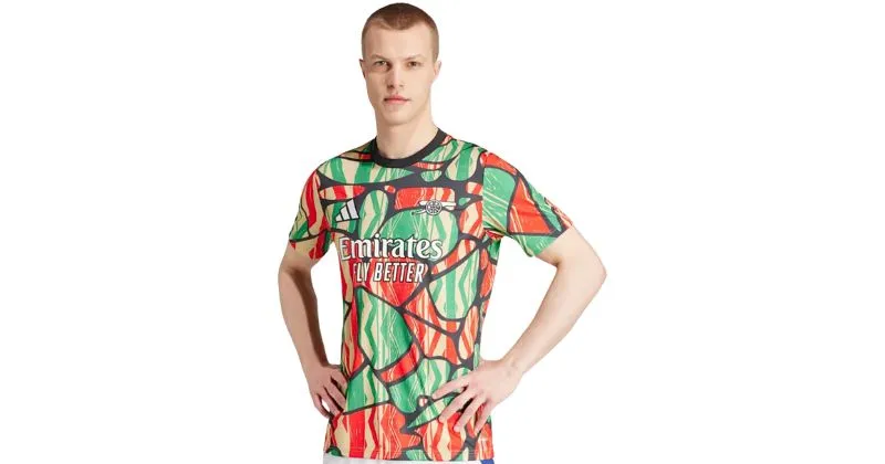 Arsenal pre-match shirt in red, green, beige and white pattern