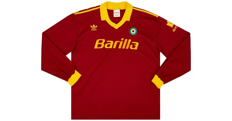 roma 1991-92 home shirt in maroon with orange collar and sleeve ends
