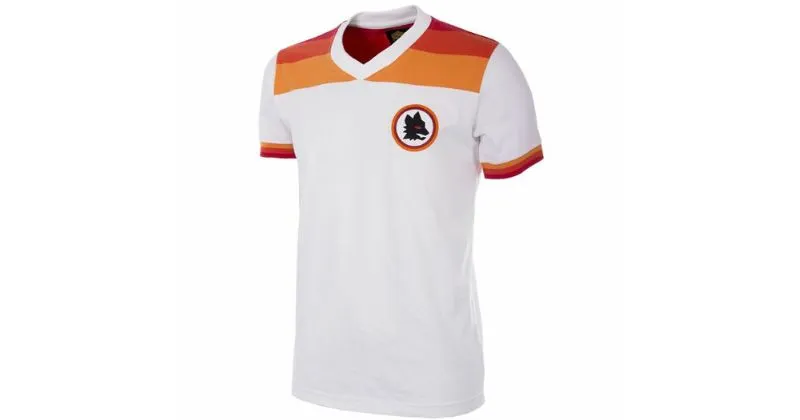 roma 1978-80 away shirt in white with orange and maroon shoulder pattern