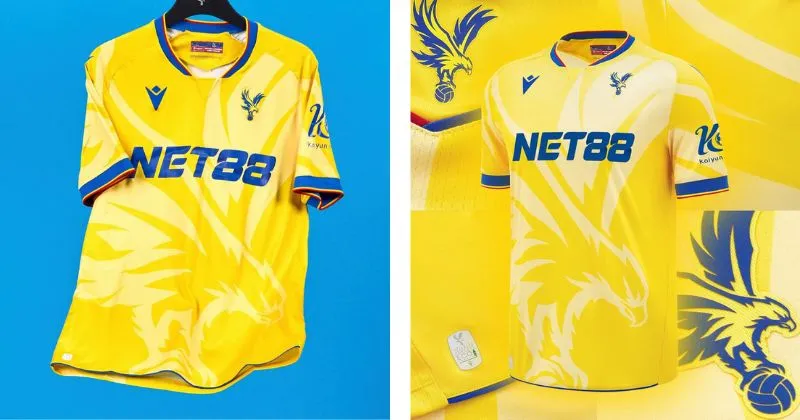 Crystal Palace away shirt in yellow, with blue detailing and eagle pattern