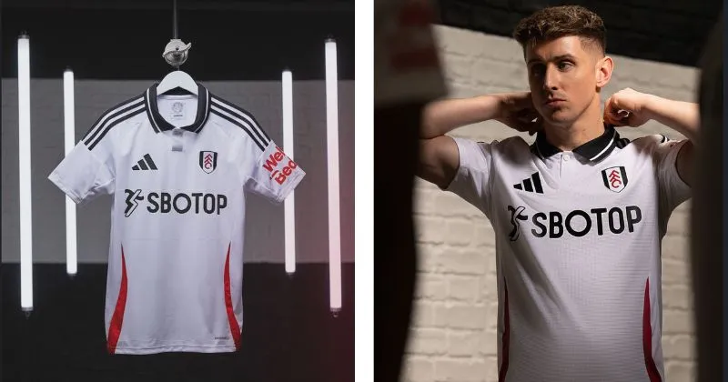 Fulham home shirt, polo shirt design with white base and black and red details 