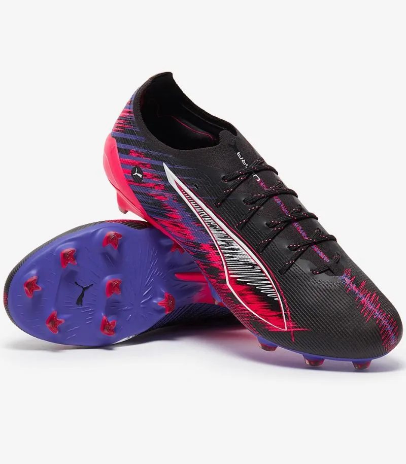 Puma Ultra 5 Ultimate Formula 1 football boots in black with a pink and blue purple graphic pattern 