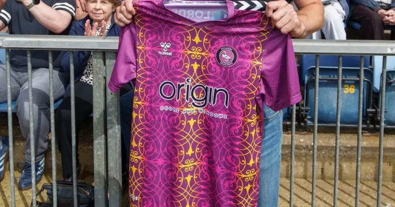 wycombe wanderers 2023-24 home goalkeeper shirt in purple with yellow pattern