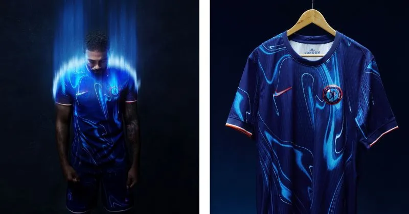 Chelsea home shirt with swirling blue and white graphics and orange details