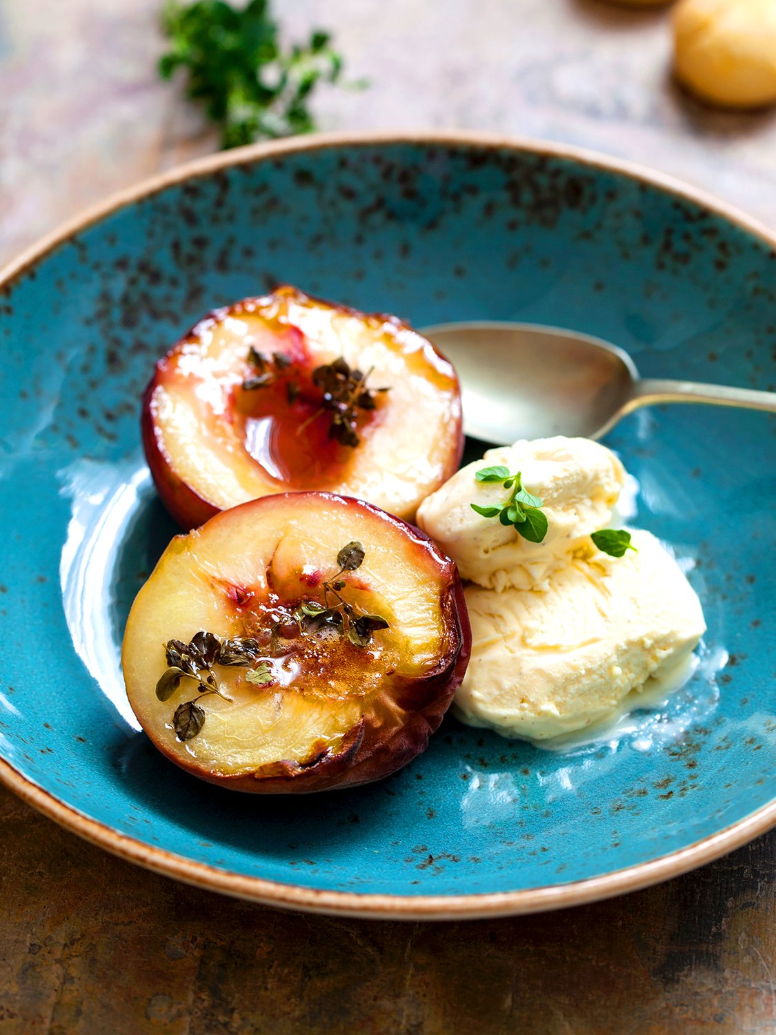Whole Baked Peaches with Cardamom-Thyme Whipped Cream 