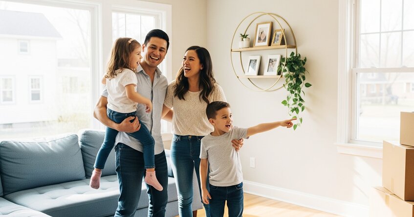A smiling family, including a man holding a young girl and a woman with a young boy pointing, stands happily in their bright, newly renovated living room with a modern blue sofa and large windows