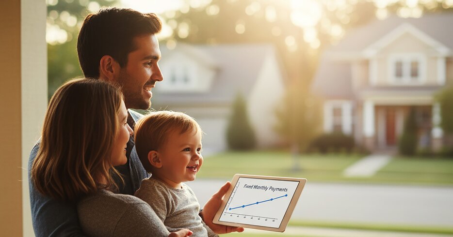 A young family (man, woman, and baby) stands on their porch, looking out at their neighborhood while holding a tablet showing a stable, flat line graph labeled "Fixed Monthly Payments."