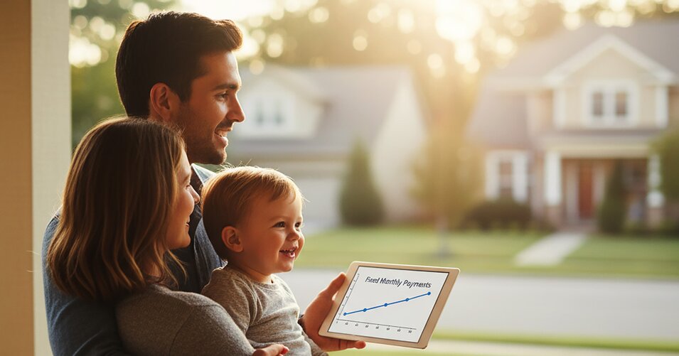 A young family (man, woman, and baby) stands on their porch, looking out at their neighborhood while holding a tablet showing a stable, flat line graph labeled "Fixed Monthly Payments."