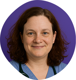 Headshot of Dr. Stephanie Arnold-Galan with shoulder-length curly brown hair, smiling, against a purple circular background.
