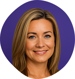 Headshot of Dr. Erika Cartwright with long blonde hair, smiling, against a purple circular background.