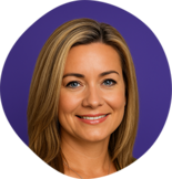 Headshot of Dr. Erika Cartwright with long blonde hair, smiling, against a purple circular background.