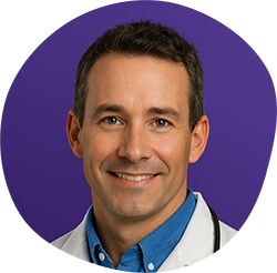 Headshot of Dr. Matt McGlasson wearing a white lab coat over a blue collared shirt, smiling, against a purple circular background.