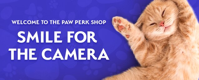 Orange tabby cat lying on its back with paws curled, next to text that reads "Welcome to the Paw Perk Shop – Smile for the Camera" on a purple paw-print background.