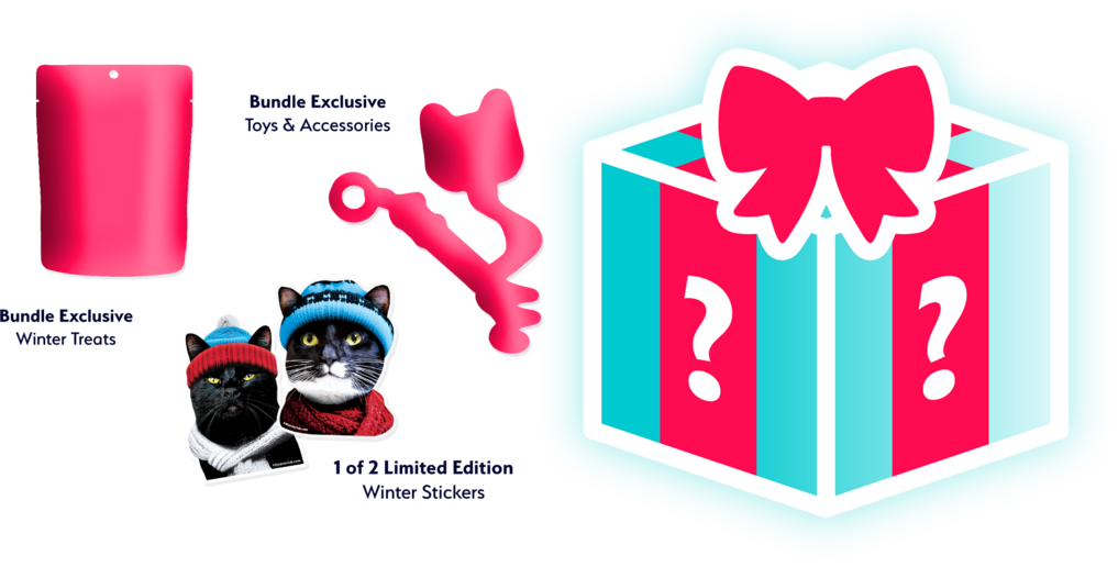 Winter mystery bundle contents preview, featuring exclusive winter treats, toys and accessories, and one of two limited-edition winter stickers, with a gift box icon decorated with a bow and question marks.