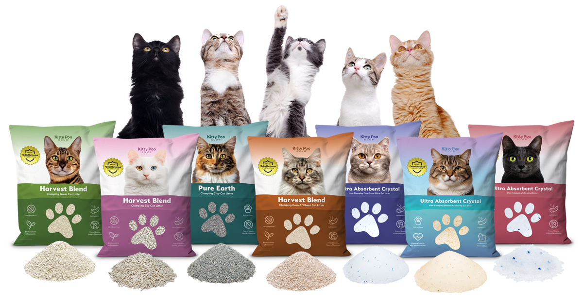 Full lineup of Kitty Poo Club litter types with bags in various colors and matching litter samples below. Cats behind the bags reaching upwards.