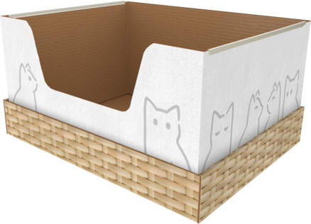 Corner view of a Kitty Poo Club litter box showing a blue and gray checkerboard pattern